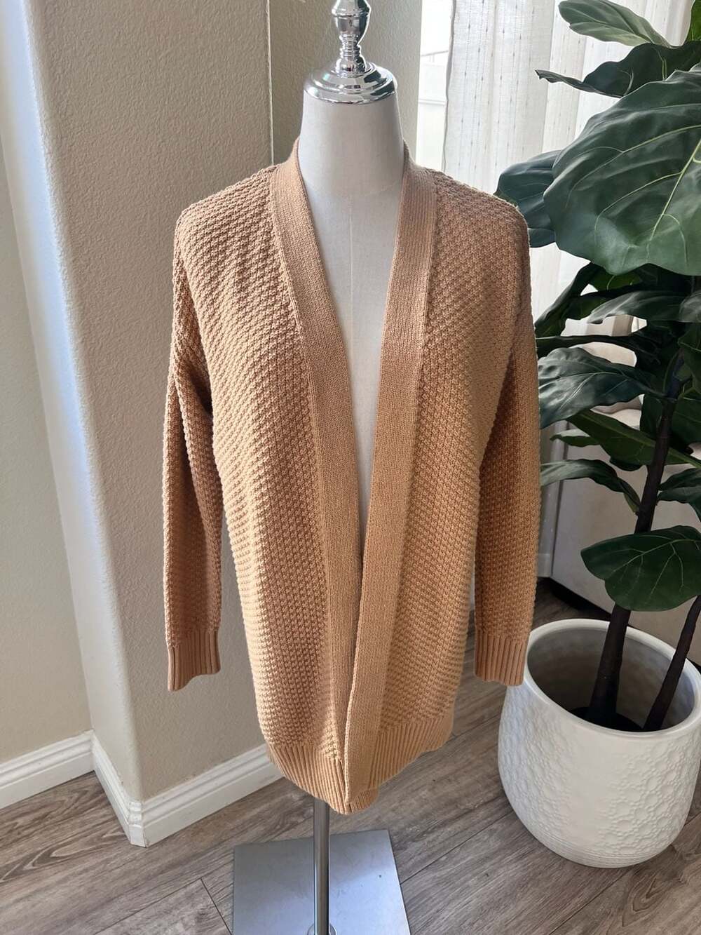 Style & Co. Women's Tan Waffle Knit Open Front Cardigan Sweater PM